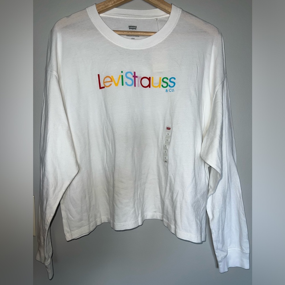 Levi’s Rainbow Logo Long Sleeve Tee White Drop Shoulder Crop Top Large NWT - Picture 12 of 14
